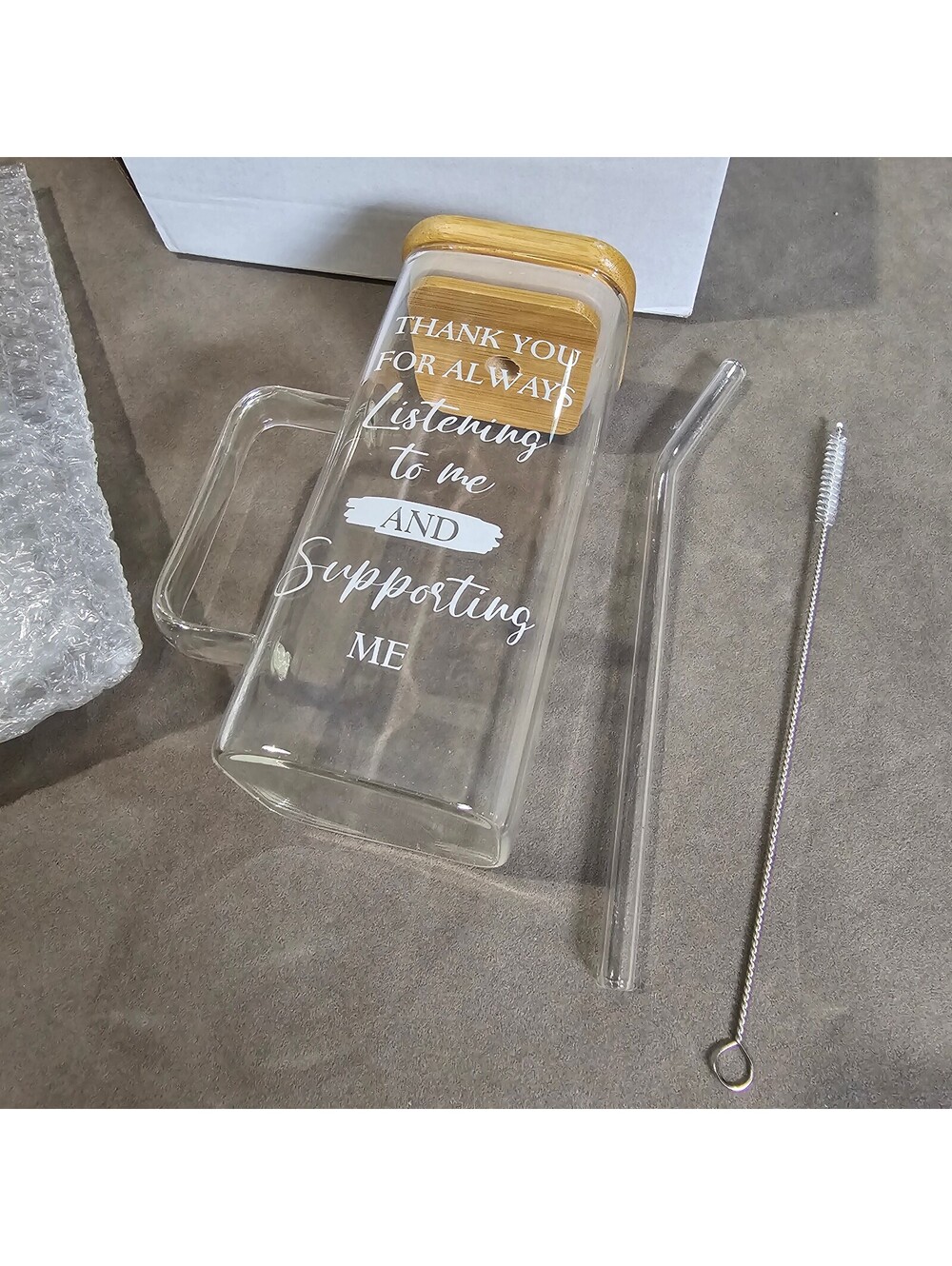 Glass Water Bottle with Bamboo Lid, Handle, Straw, and Cleaning Brush